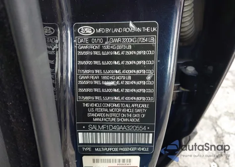 2010 Land Rover Range Rover Hse z USA, uszkodzony, nr VIN SALMF1D49AA320554